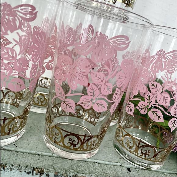 Vintage Federal Glass Tumbler Pink Dogwood Flower MCM Glassware Valentine SET 6 - Picture 2 of 10
